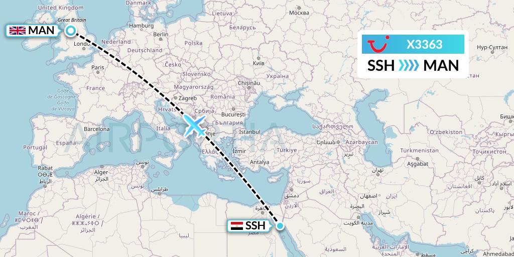 X3363 TUI fly Germany Flight Map: Sharm el-Sheikh to Manchester