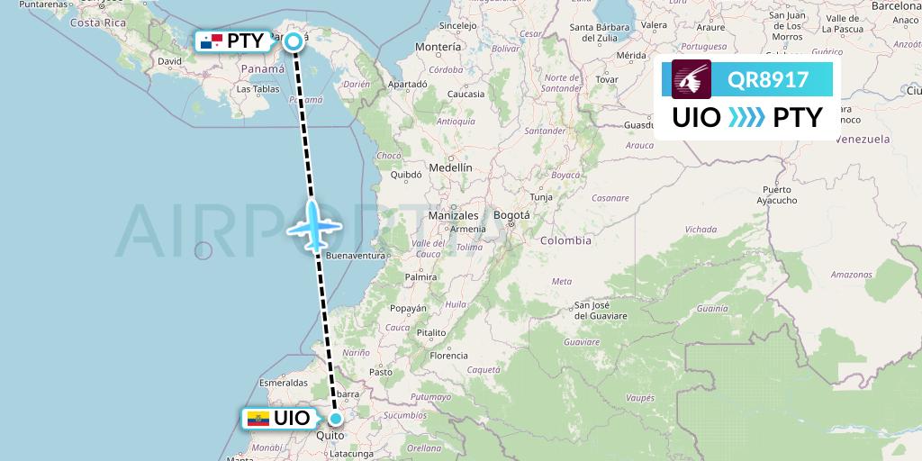 QR8917 Qatar Airways Flight Map: Quito to Panama City