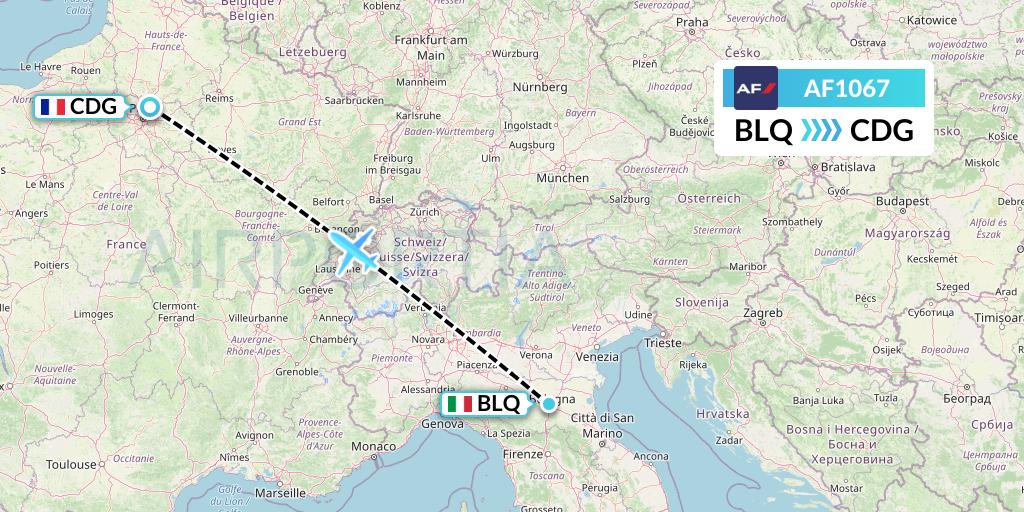 AF1067 Air France Flight Map: Bologna to Paris