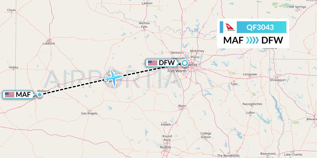 QF3043 Qantas Flight Map: Midland to Dallas
