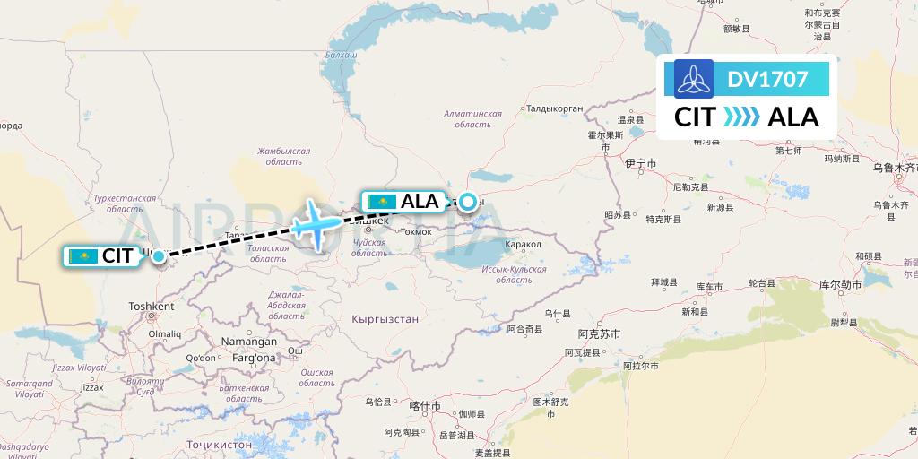 DV1707 SCAT Flight Map: Shymkent to Almaty