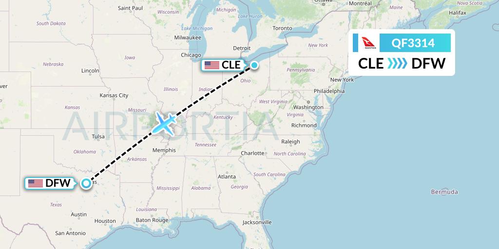 QF3314 Qantas Flight Map: Cleveland to Dallas