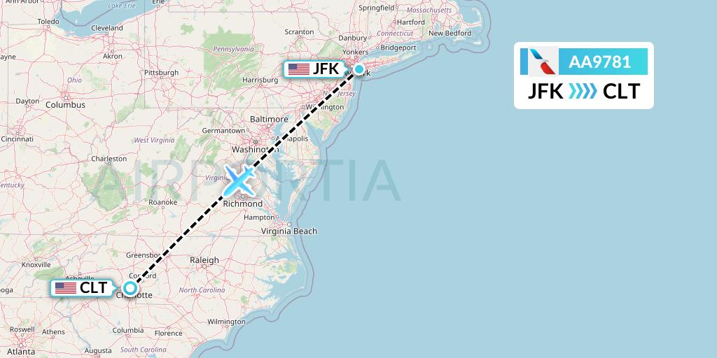 AA9781 American Airlines Flight Map: New York to Charlotte