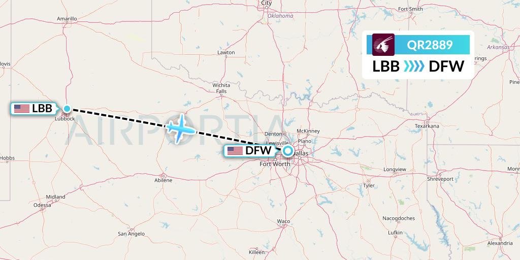 QR2889 Qatar Airways Flight Map: Lubbock to Dallas