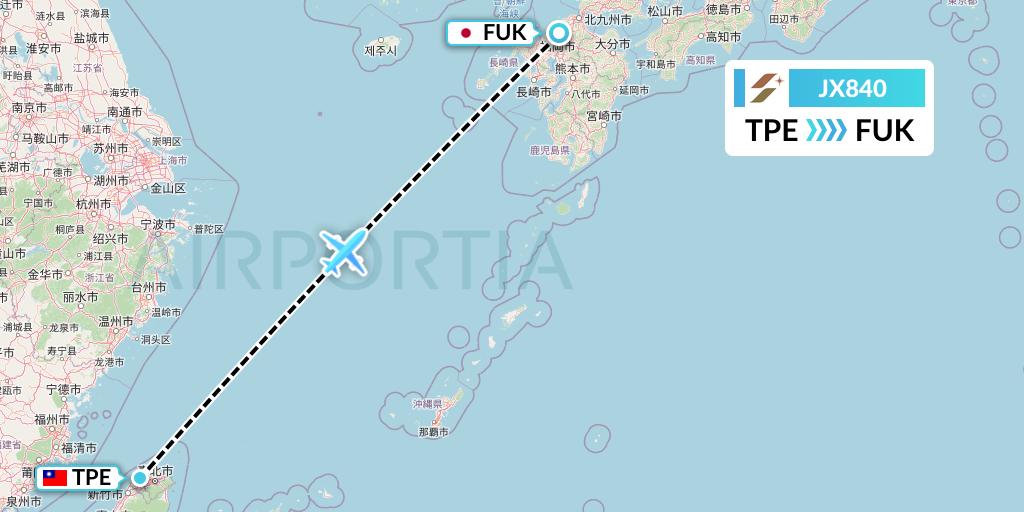 JX840 Starlux Airlines Flight Map: Taipei to Fukuoka