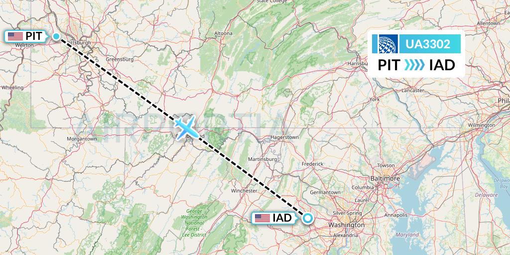 UA3302 United Airlines Flight Map: Pittsburgh to Washington