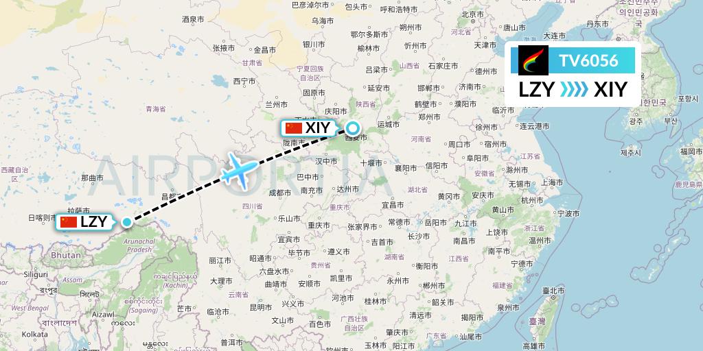 TV6056 Tibet Airlines Flight Map: Nyingchi to Xi'an