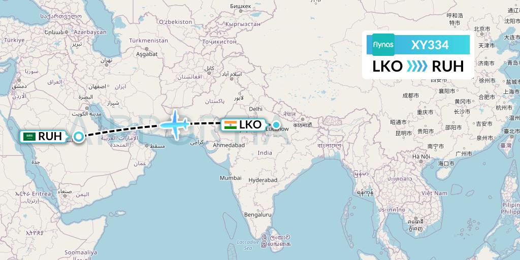 XY334 Flynas Flight Map: Lucknow to Riyadh
