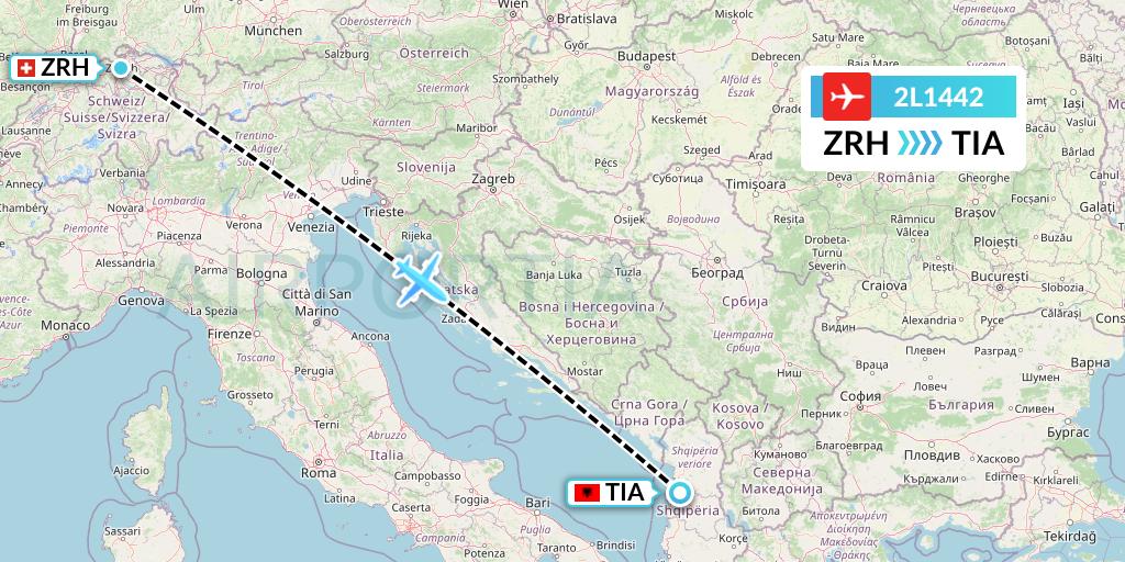 2L1442 Helvetic Airways Flight Map: Zurich to Tirana
