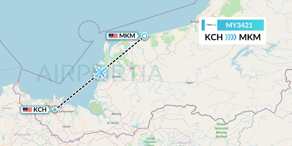 MY3421 MASwings Flight Map: Kuching to Mukah