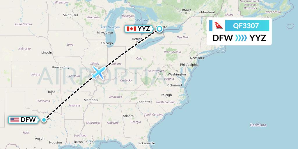 QF3307 Qantas Flight Map: Dallas to Toronto