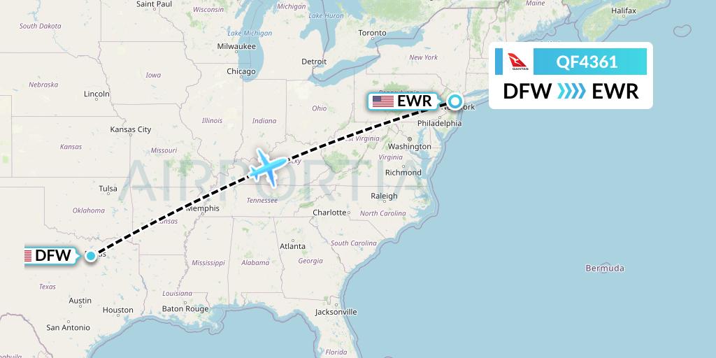 QF4361 Qantas Flight Map: Dallas to New York