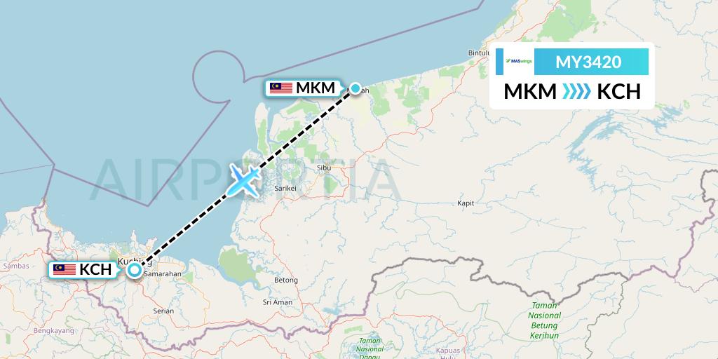 MY3420 MASwings Flight Map: Mukah to Kuching