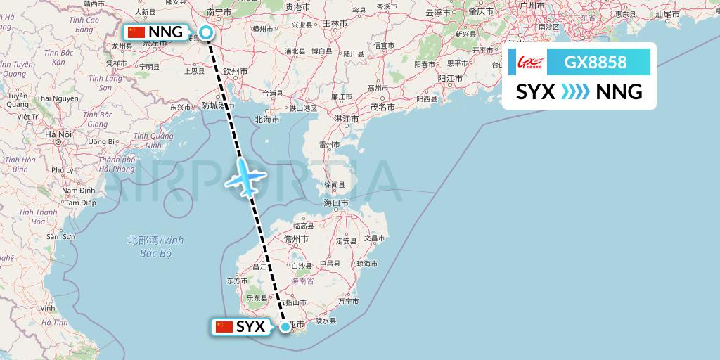 GX8858 GX Airlines Flight Map: Sanya to Nanning