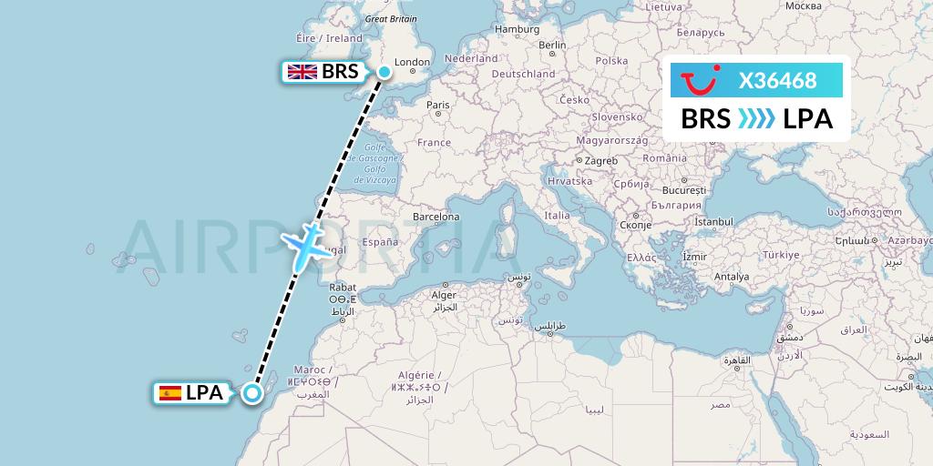 X36468 TUI fly Germany Flight Map: Bristol to Las Palmas
