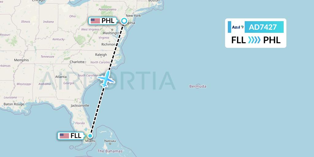 AD7427 Azul Brazilian Airlines Flight Map: Fort Lauderdale to Philadelphia