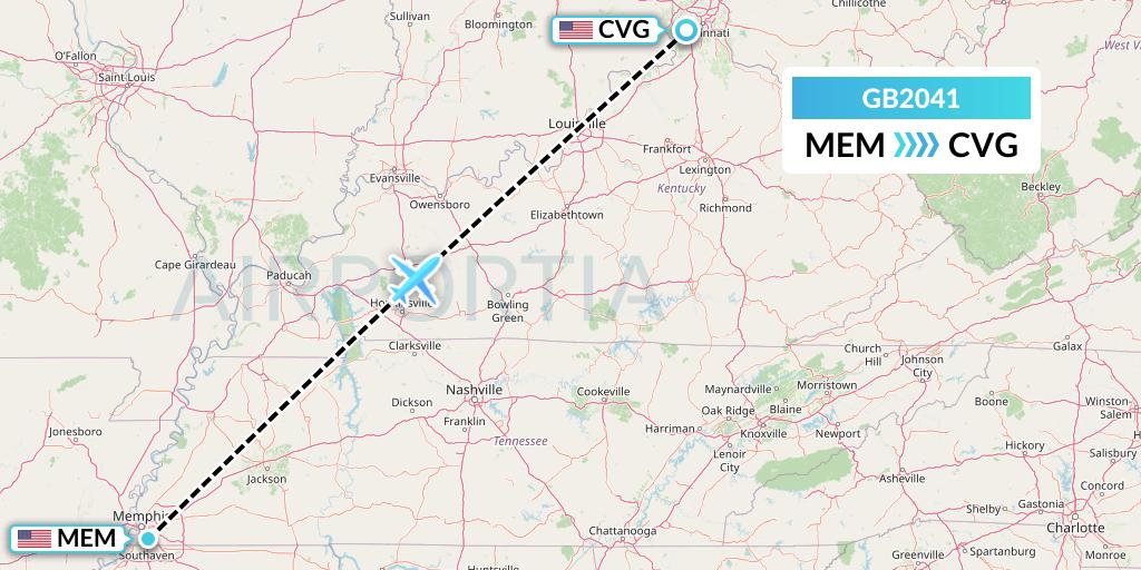 GB2041 ABX Air Flight Map: Memphis to Cincinnati