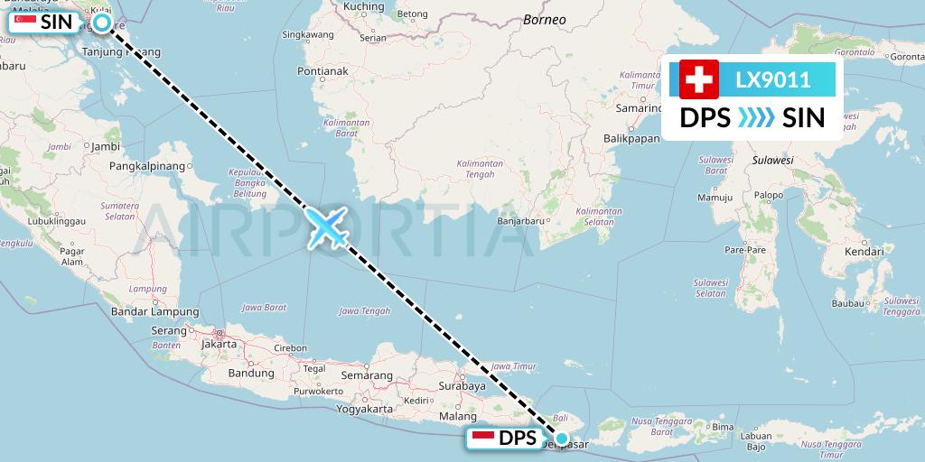 LX9011 Swiss Flight Map: Denpasar to Singapore