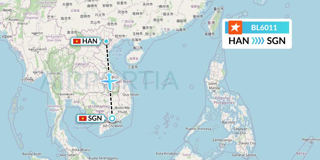 BL6011 Pacific Airlines Flight Map: Hanoi to Ho Chi Minh City