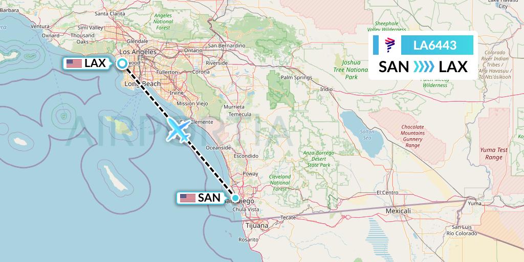 LA6443 LAN Airlines Flight Map: San Diego to Los Angeles