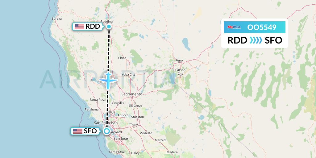 OO5549 SkyWest Airlines Flight Map: Redding to San Francisco
