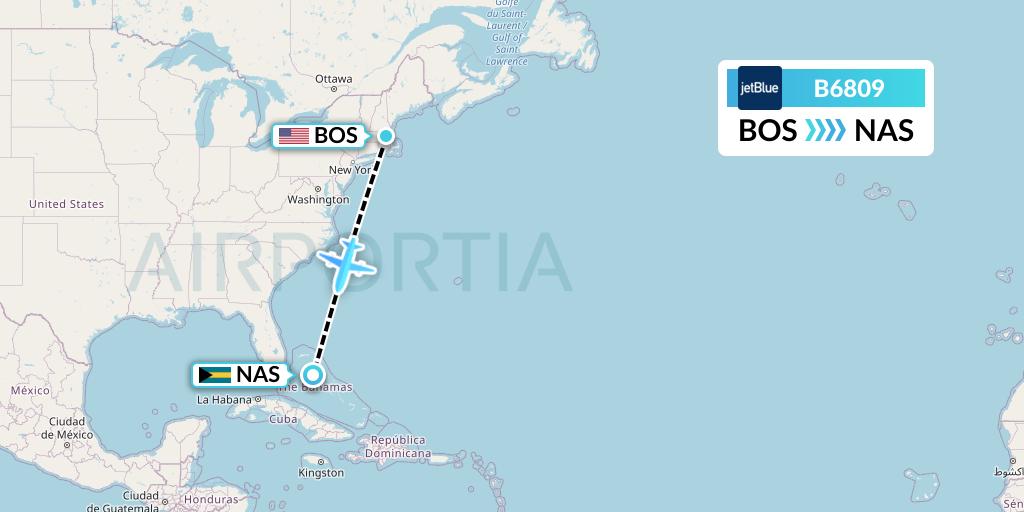 B6809 JetBlue Airways Flight Map: Boston to Nassau