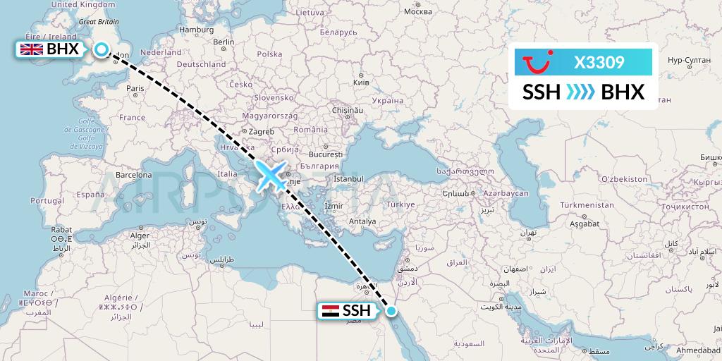 X3309 TUI fly Germany Flight Map: Sharm el-Sheikh to Birmingham