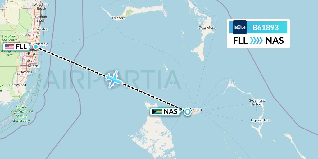 B61893 JetBlue Airways Flight Map: Fort Lauderdale to Nassau