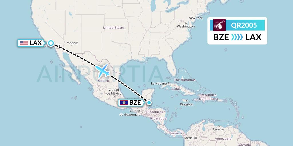 QR2005 Qatar Airways Flight Map: Belize City to Los Angeles