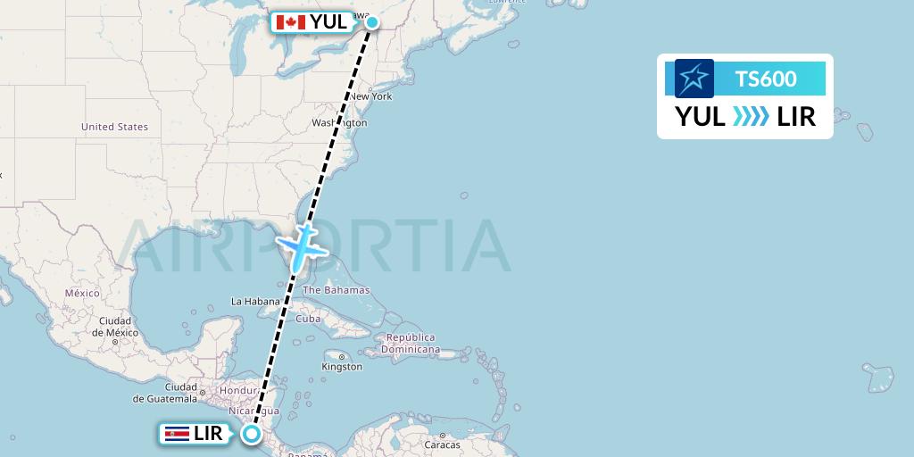 TS600 Air Transat Flight Map: Montreal to Liberia