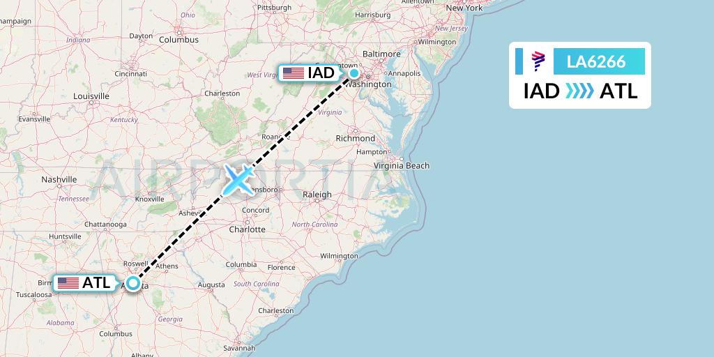 LA6266 LAN Airlines Flight Map: Washington to Atlanta