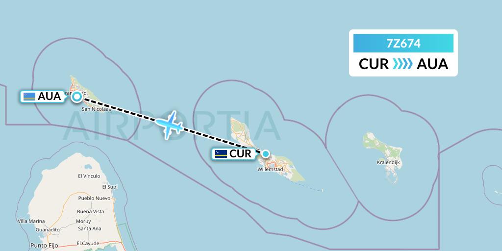 7Z674 EZ Air Flight Map: Willemstad to Oranjestad