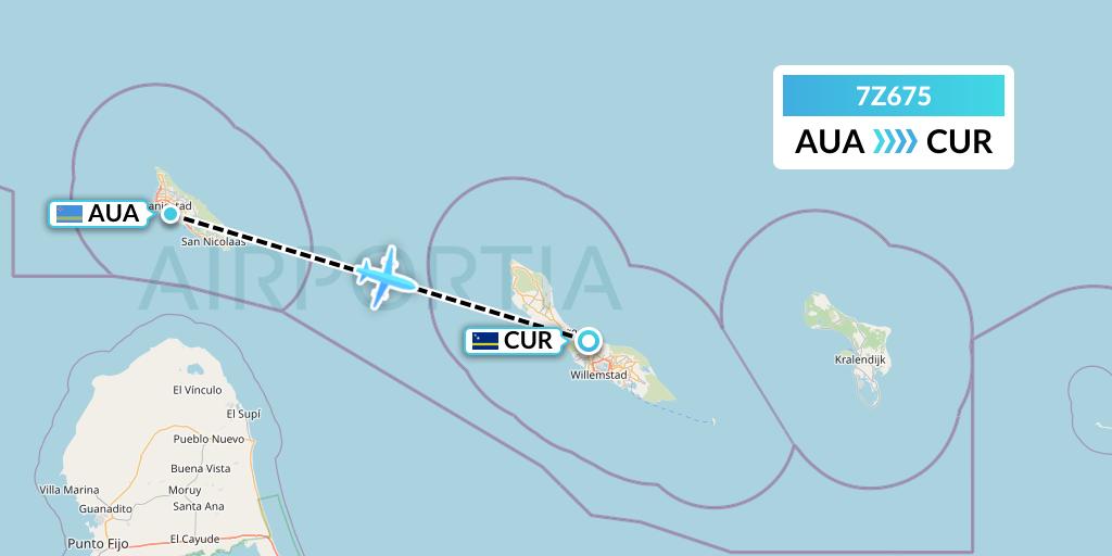7Z675 EZ Air Flight Map: Oranjestad to Willemstad