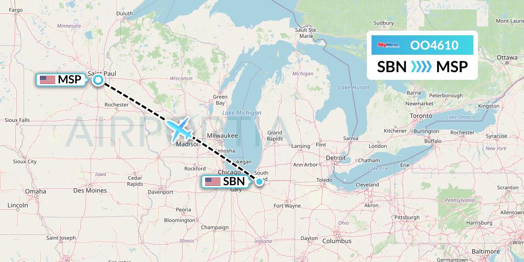OO4610 SkyWest Airlines Flight Map: South Bend to Minneapolis