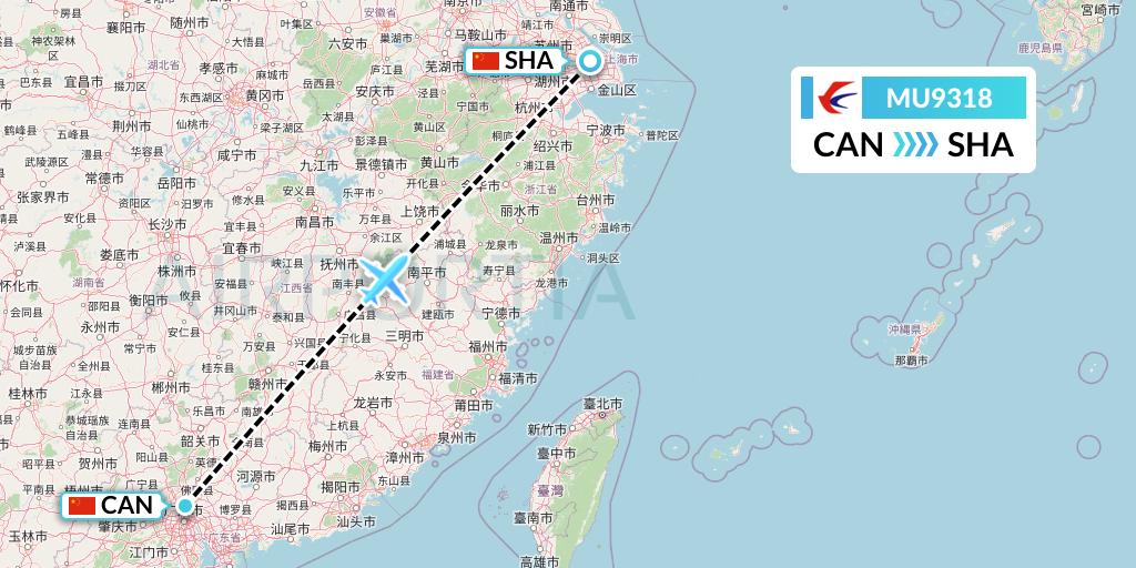MU9318 China Eastern Airlines Flight Map: Guangzhou to Shanghai