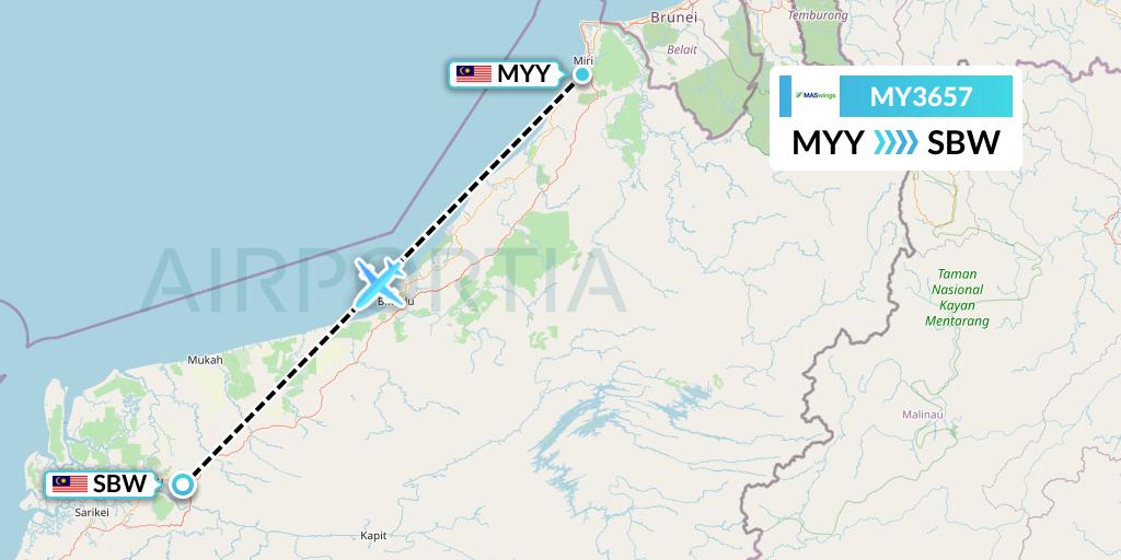 MY3657 MASwings Flight Map: Miri to Sibu