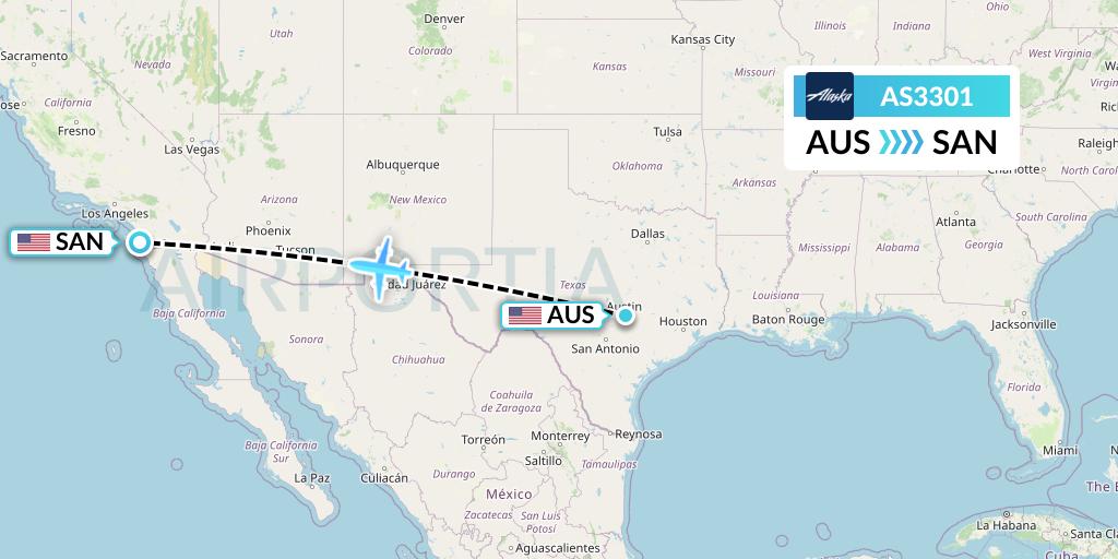 AS3301 Alaska Airlines Flight Map: Austin to San Diego