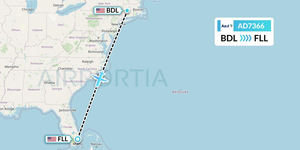 AD7366 Azul Brazilian Airlines Flight Map: Windsor Locks to Fort Lauderdale