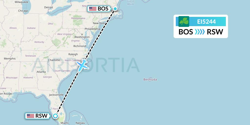 EI5244 Aer Lingus Flight Map: Boston to Fort Myers