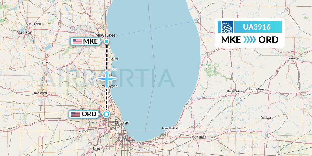 UA3916 United Airlines Flight Map: Milwaukee to Chicago