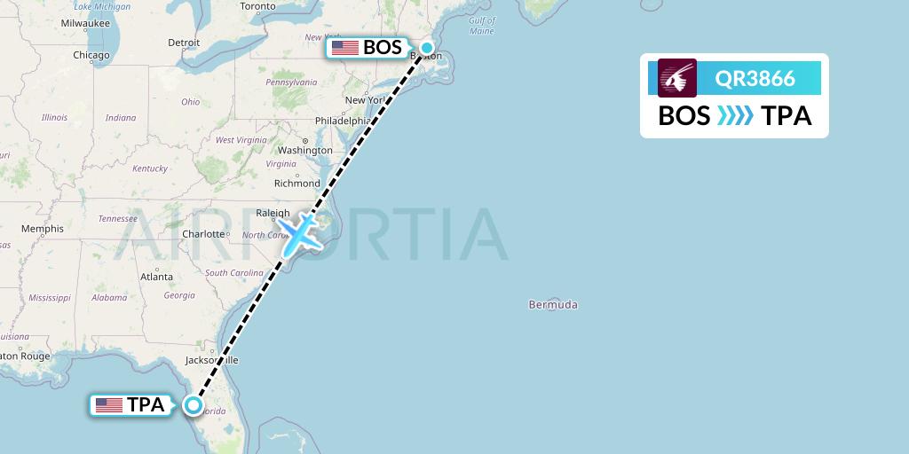 QR3866 Qatar Airways Flight Map: Boston to Tampa
