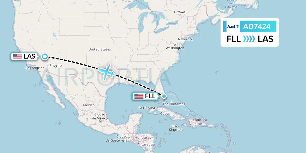 AD7424 Azul Brazilian Airlines Flight Map: Fort Lauderdale to Las Vegas