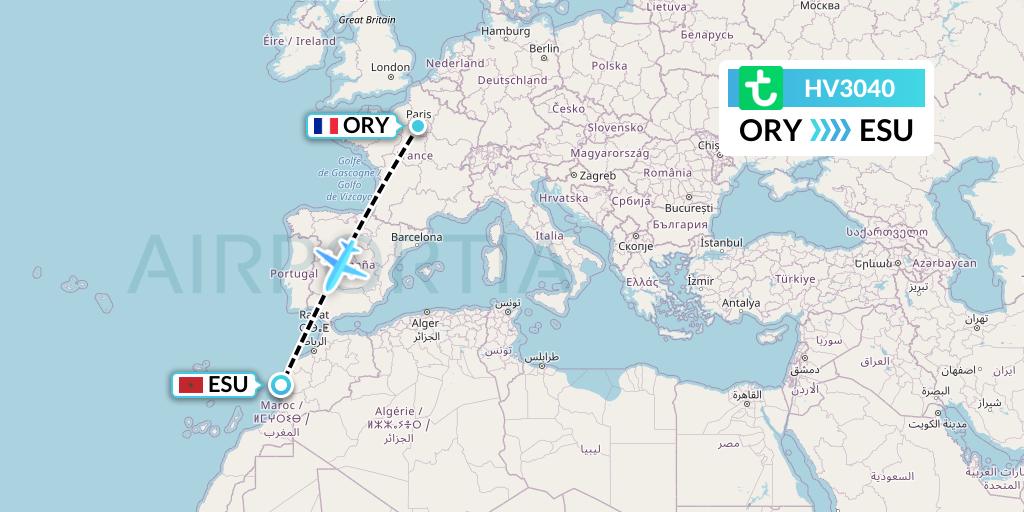 HV3040 Transavia Flight Map: Paris to Essaouira