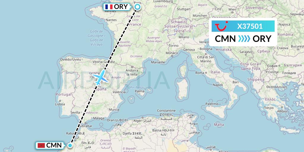 X37501 TUI fly Germany Flight Map: Casablanca to Paris