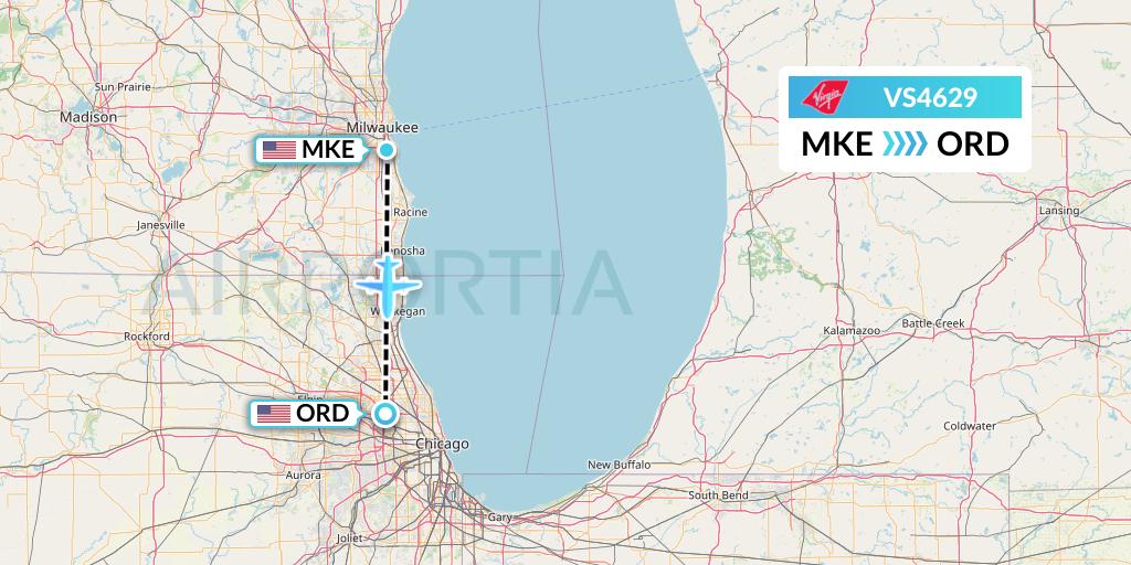 VS4629 Virgin Atlantic Airways Flight Map: Milwaukee to Chicago