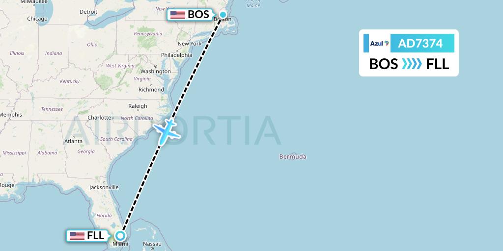 AD7374 Azul Brazilian Airlines Flight Map: Boston to Fort Lauderdale