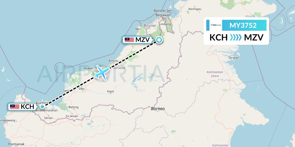 MY3752 MASwings Flight Map: Kuching to Mulu