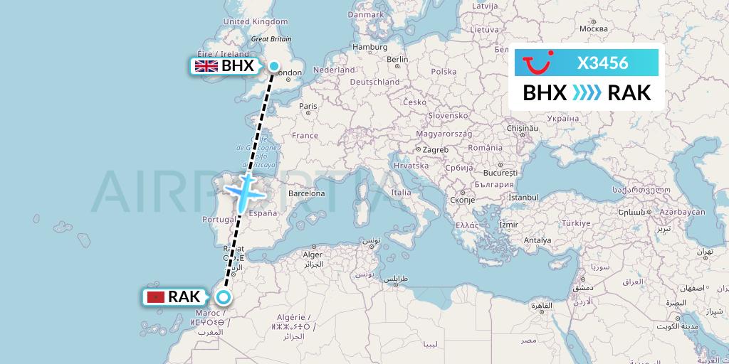 X3456 TUI fly Germany Flight Map: Birmingham to Marrakesh 