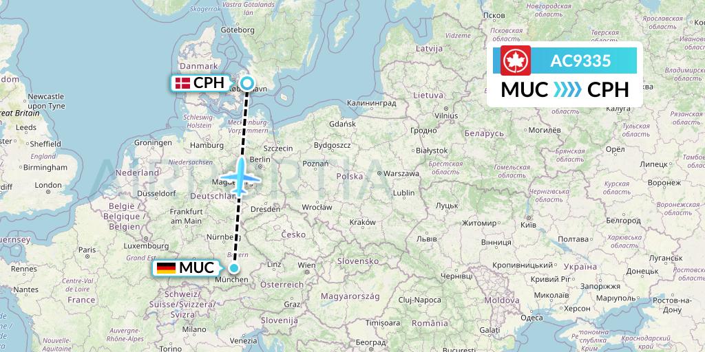 AC9335 Air Canada Flight Map: Munich to Copenhagen