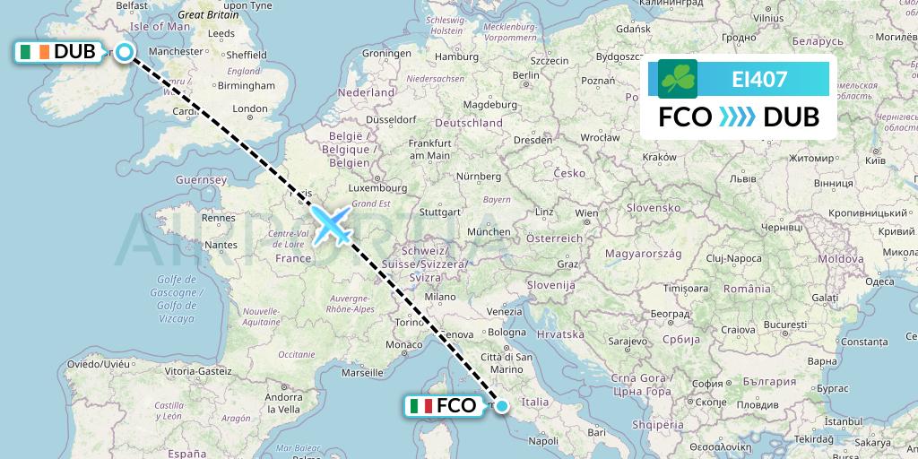 EI407 Aer Lingus Flight Map: Rome to Dublin
